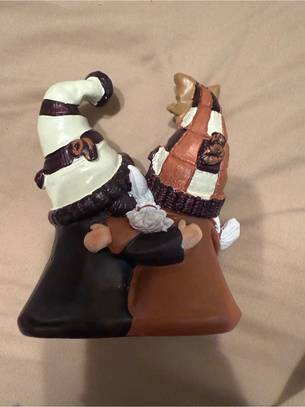 Ceramic Gnome Couple Figurines with Coffee Mugs - Brown & White